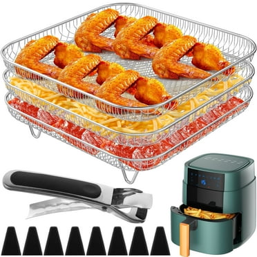 Ihvewuo 3 Layer Air Fryer Rack Square Air Fryer Grill Rack Stainless Steel Grill Dehydrator Rack Stackable Air Fryer Basket with 8 Silicone Feet 1 Anti-Scald Clip for Baking Cooking