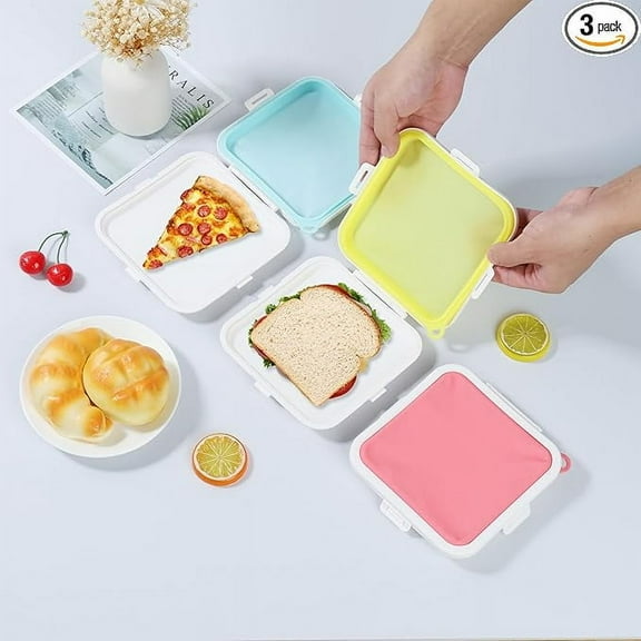 Ihvewuo 3Pcs Sandwich Containers Silicone Sandwich Storage Box Heat Resistant Sandwich Box with 3-Snap Lid BPA-Free Sandwich Holder Leakproof Sandwich Keeper