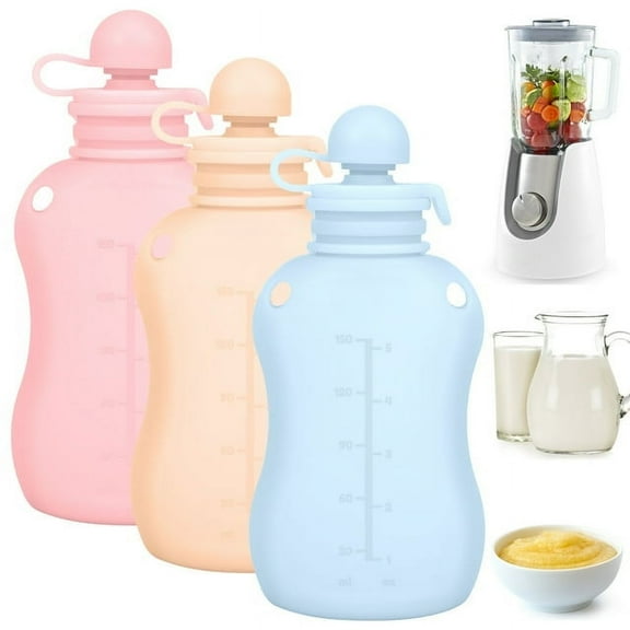 Ihvewuo 3pcs Silicone Baby Food Pouch Reusable Squeezable Pouch 150ml/5oz Breastmilk Storage Bag Refillable Baby Food Heat Resistant Squeezable Pouch Bottle Dishwasher Safe for Home School