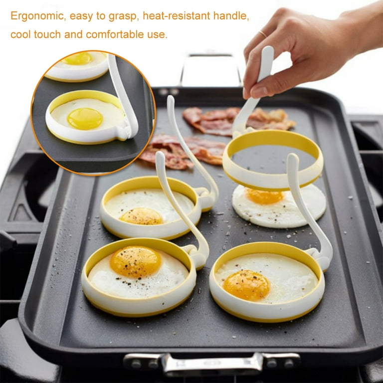 Ihvewuo 4pcs 4 inch Silicone Fried Egg Rings Set with 5 inch Handle Heat Resistant Egg Cooking Ring Round Non-Stick Pancake Mold Kitchen Breakfast