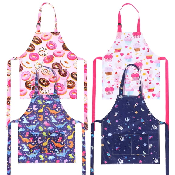 4 Pcs Kids Painting Apron, Adjustable Waterproof Kitchen Aprons with Pockets for Cooking Baking and Art Crafts
