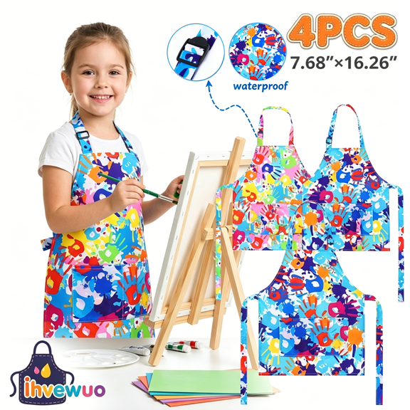 4pcs Kids Cooking Aprons Adjustable Strap Kitchen Aprons Front Pocket for Kids Toddler Painting Baking Artist