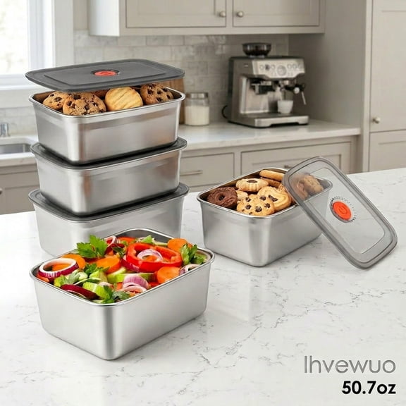 Ihvewuo Food Storage  Food Container 5PCS Stainless Steel Food Storage Container with Lid for Fridge Fruit Container Airtight Crisper Box for Vegetable Meat Cookie