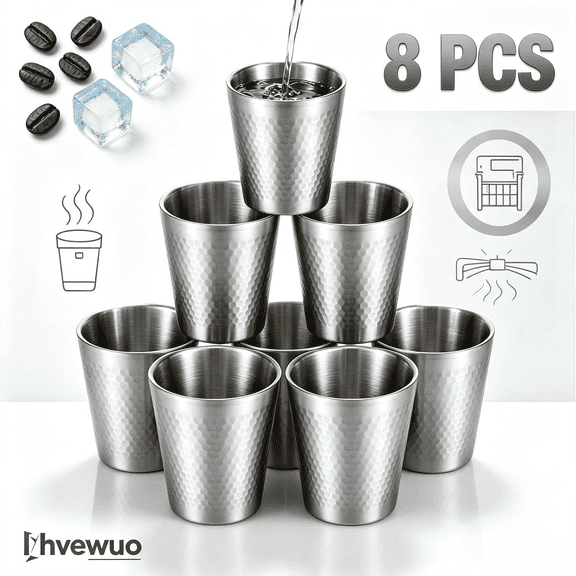 Ihvewuo 8 Pcs 10 oz Double Wall Stainless Steel Cup Set, Stackable Insulated Metal Tumblers for Hot Cold Drinks, Dishwasher Safe Party Glass, Silver