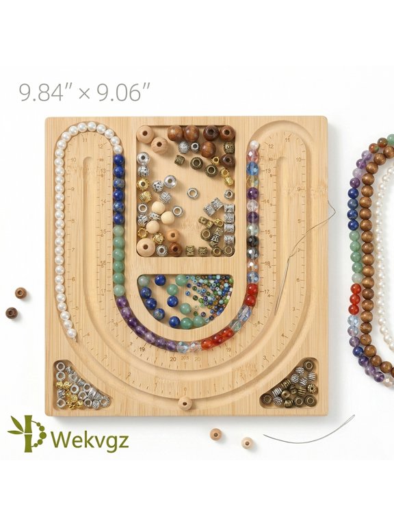 Bamboo Bead Board for Jewelry Making, 9.8"x9" Natural Wood Beading Trays with Measurement Lines for Bracelet & Necklace Design