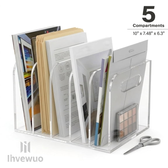 Acrylic Magazine File Holder, 5 Vertical Compartments Desk Document Organizer, Clear Folder Rack for Office and School