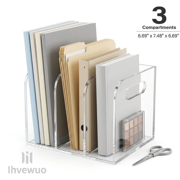 Acrylic Magazine File Holder, 3 Vertical Compartments Desk Document Organizer, Clear Folder Rack for Office and School