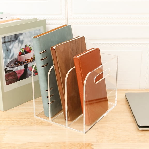 Ihvewuo Clear Acrylic Folder Holder Vertical Magazine File Organizer with 3/5 Compartment Desk Upright Document Storage Rack Binder Holder Sorter for Home Office Desktop