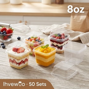 Clear Plastic Dessert Cups with Lids, 8oz Square Disposable Cupcake Containers for Party, Reusable Pudding Mousse Boxes, 50 Pack