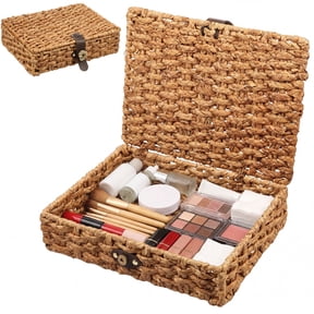 Woven Decorative Box with Lid, Wicker Storage Basket for Shelf, Farmhouse Coffee Table Organizer(Small)