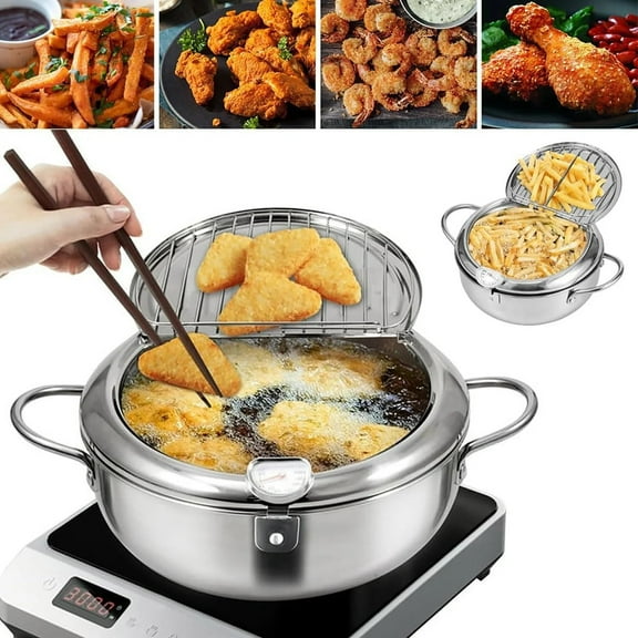 Ihvewuo Deep Fryer Pot with Strainer Basket and Thermometer Stainless Steel Deep Frying Pot with Handle 3 Sizes Oil Mini Fryer Dishwasher Safe Deep Frying Oil Container for Fish Shrimp Chicken 21cm