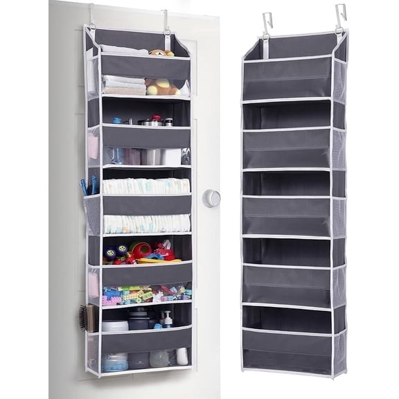 Over the Door Organizer with 5 Large Pockets & 10 Side Mesh Pockets, 5-Tier Hanging Storage Organizer with Clear Windows for Nursery, Baby Essentials, Pantry, Gray