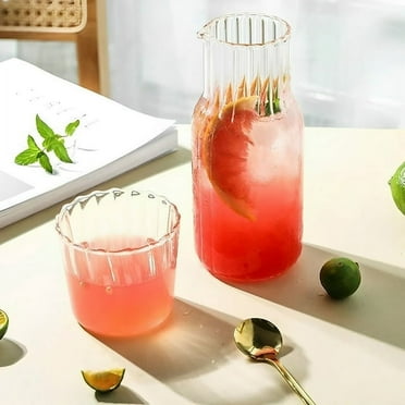 Ihvewuo Glass Pitcher Set Bedside Carafe Set V-Shaped Spout Glass Carafe Glass Water Pitcher Set with Glass Cup 600ML