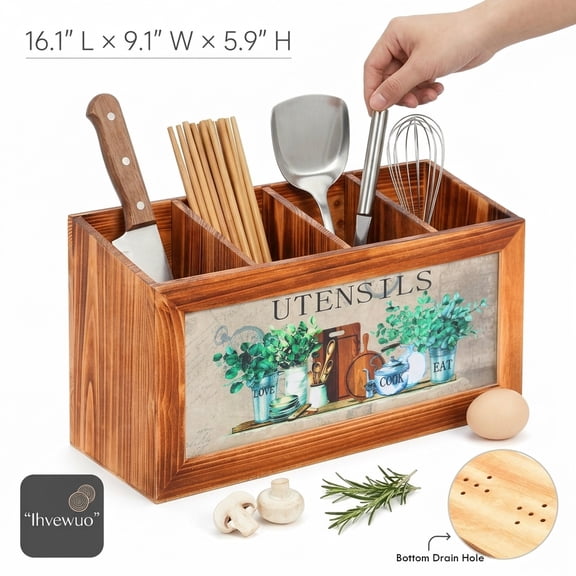 Ihvewuo Extra Large Kitchen Utensil Holder with 4 Compartments and Drainage Bottom Wooden Utensil Holder Sturdy Kitchen Cooking Utensil Organizer Farmhouse Kitchen Decor Coffee