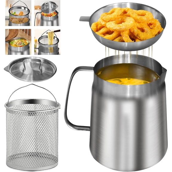 Ihvewuo Oil Strainer Pot 1.5L/2L Large Capacity Oil Storage Can with Filter Lid and Frying Basket 304 Stainless Steel Oil Filter Tank Multifunctional for Storing Frying Oil Cooking Grease