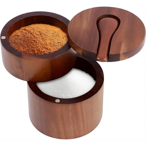 Acacia Wood Salt Cellar with Lid, 2-Tier Salt Box and Pepper Container Set with Built-in Spoon, Magnetic Swivel Cover for Countertop Storage