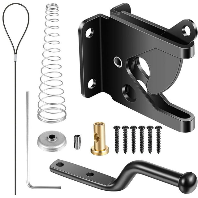 Ihvewuo Self-Locking Gate Latch Carbon Steel Post Mounted Fence Gate Latch Heavy Duty Automatic Gravity Lever Locking Fence Spring Cable Pull For Wooden Vinyl Gate