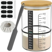 Ihvewuo Sourdough Starter Jar Kit 900ml Sourdough Starter Container Clear Glass Cup Wide Mouth with Wooden Lid Thermometer Strip Spatula Rubber Band Cloth Cover Lable Pen for Bread Baking