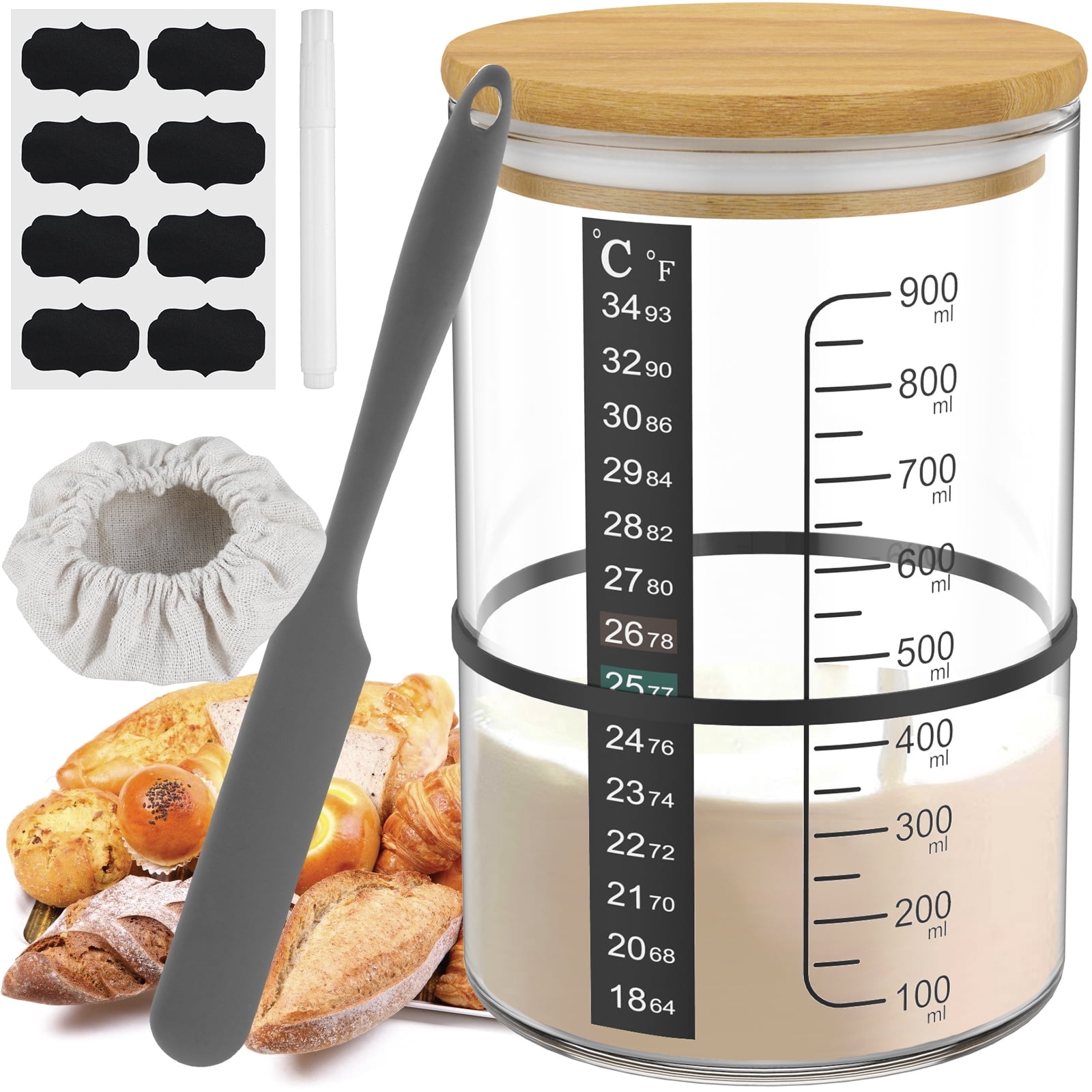 Sourdough Starter Jar Kit, 30 oz Wide Mouth Glass Jar with Wooden Lid, Date-Marking Band, Thermometer Strip, Breathable