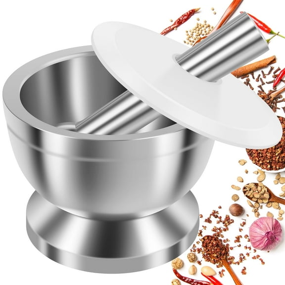 Ihvewuo Stainless Steel Mortar and Pestle Set Efficient Spice Crusher with Silicone Lid and Anti Slip Base Rustproof Pill Crusher Multifunctional Kitchen Manual Masher for Grinding Herbs Seasonings
