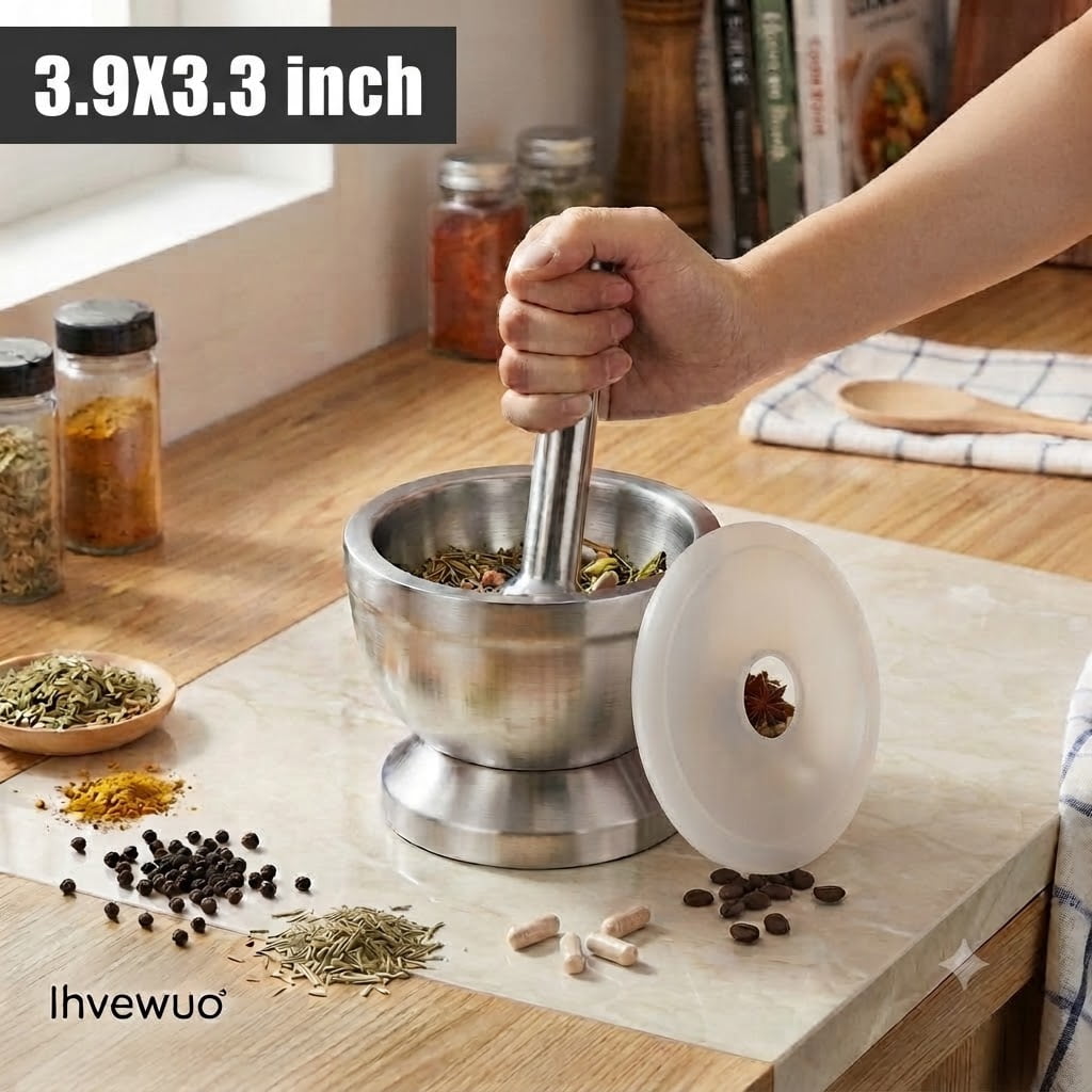 Stainless Steel Mortar and Pestle Set with Silicone Lid, Heavy Duty Herb and Spice Grinder for Kitchen, Pill Crusher for Medications, Rust-Proof Manual Masher