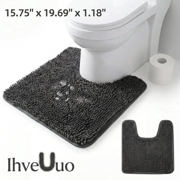U-Shaped Toilet Rug Washable, 16x20 Contour Bath Mat, Thick Chenille, Gray