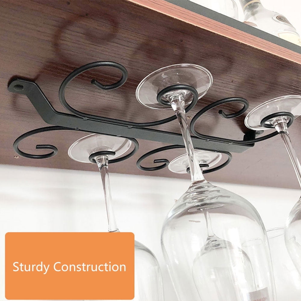 Ihvewuo Wine Glass Rack Under Cabinet Stemware Wine Glass Holder Glasses Storage Hanger Metal Organizer for Bar Kitchen Black
