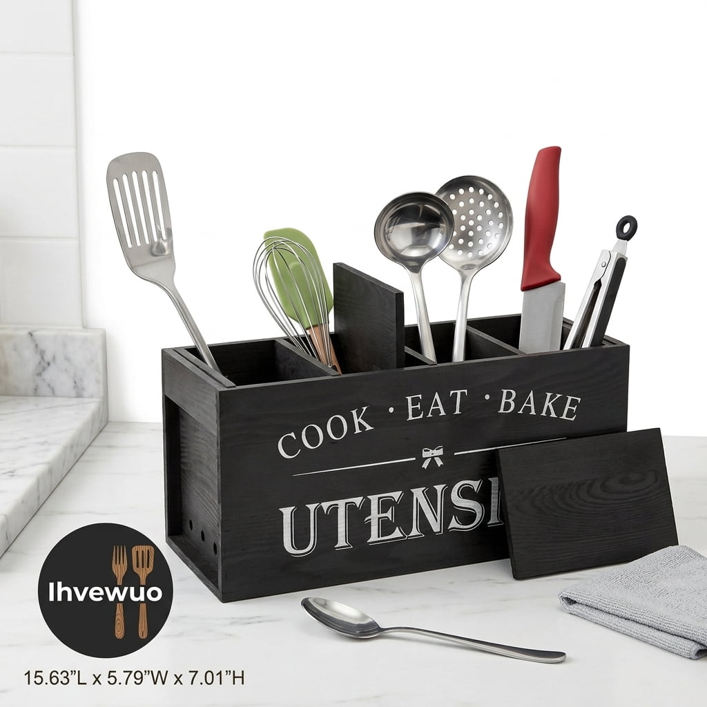 Ihvewuo Wooden Utensil Holder Sturdy Kitchen Cooking Utensil Organizer with 4 Detachable Compartment Utensil Crock Holder for Kitchen Countertop Farmhouse Kitchen Decor Black