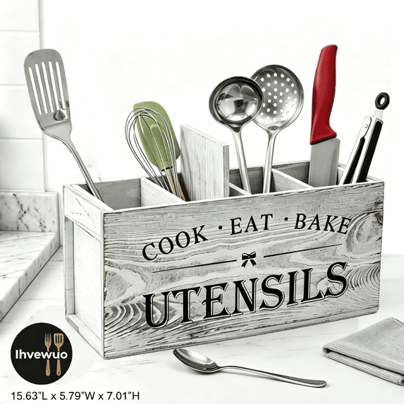 Extra Large Wooden Utensil Organizer with 4 Compartments, Farmhouse Spatula Holder for Kitchen Countertop, Sturdy Wood Crock,15.6" x 5.8" x 7",Gray
