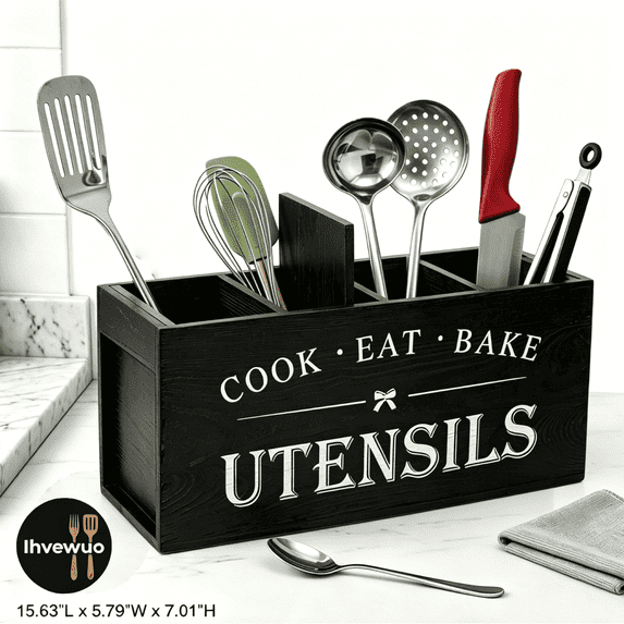 Extra Large Wooden Utensil Organizer with 4 Compartments, Farmhouse Spatula Holder for Kitchen Countertop, Sturdy Wood Crock,15.6" x 5.8" x 7",Black