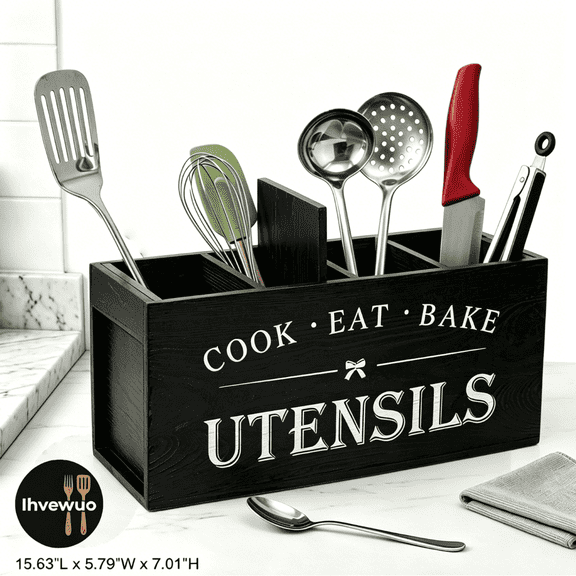Extra Large Wooden Utensil Organizer with 4 Compartments, Farmhouse Spatula Holder for Kitchen Countertop, Sturdy Wood Crock,15.6" x 5.8" x 7",Black