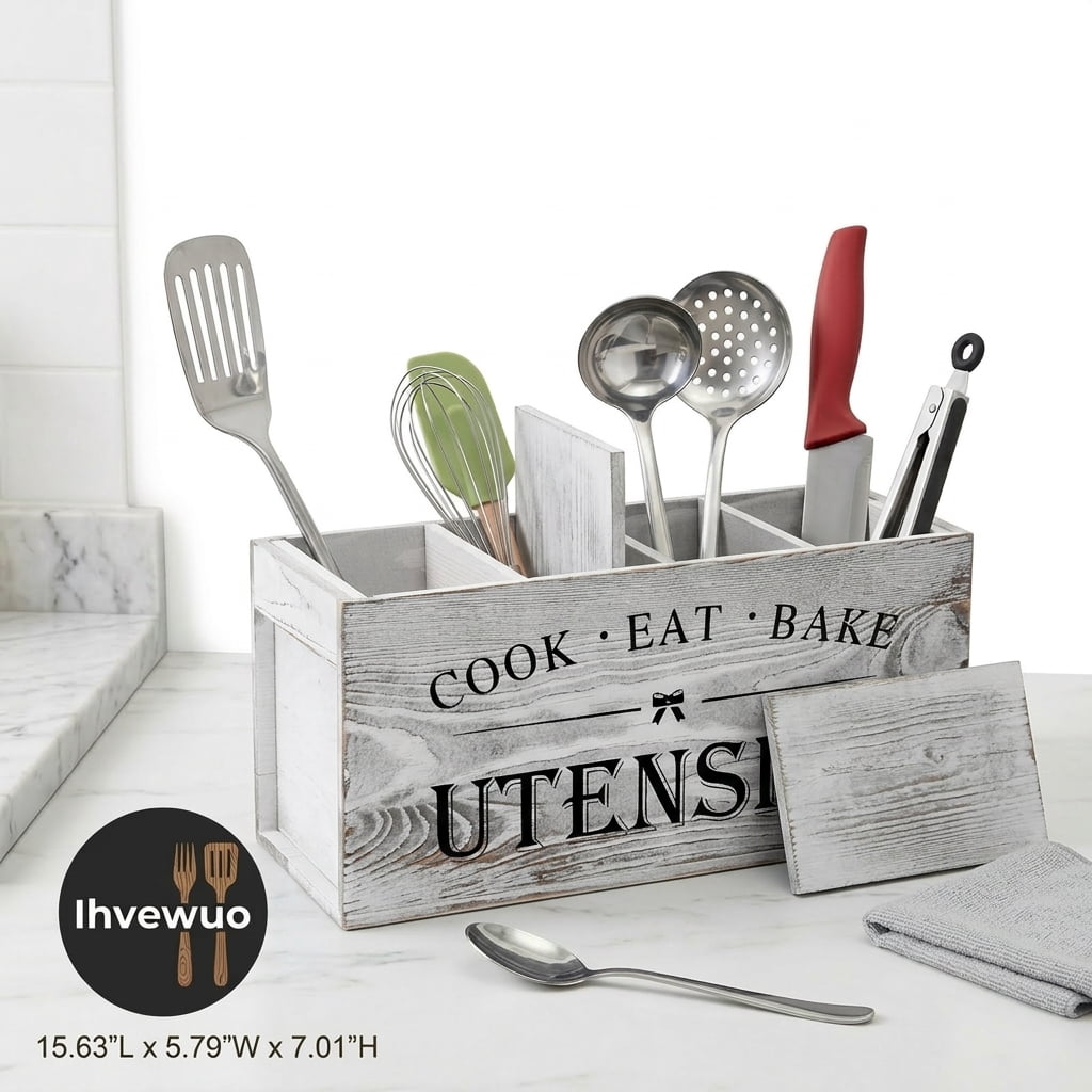 Ihvewuo Wooden Utensil Holder Sturdy Kitchen Cooking Utensil Organizer with 4 Detachable Compartment Utensil Crock Holder for Kitchen Countertop Farmhouse Kitchen Decor Black