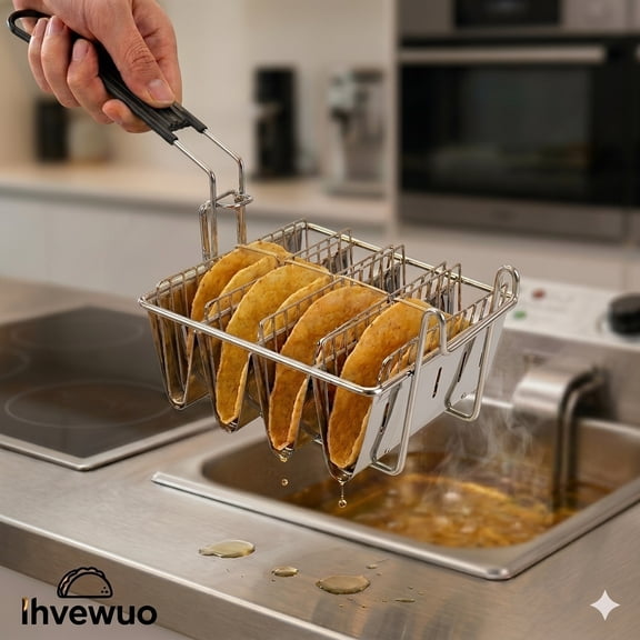 Taco Shell Fry Basket 4-Shell, Stainless Steel Taco Fryer with Detachable Anti-Slip Handle, Dishwasher Safe Kitchen Tool for Taco Night