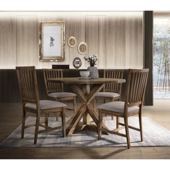 Ii Weathered Oak 5pcs Dining . 48" Round Table, 30"h, 100lbs Weight Limit. Side Chairs: 19"d X 20"w 38"h, 220lbs Capacity. Trestle Base With Unique 'x' Design. Linen Upholstered Seat, Wooden Back.