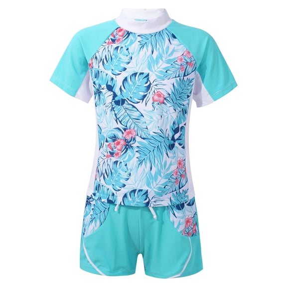 Iiniim Flower Print Short Sleeve Polyester, Rashguard (Girl’s)