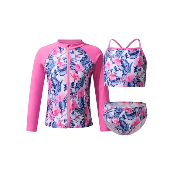 Iiniim Girl's UV Sun Protection Rash Guard Pink Floral Swimsuit, 3 Piece Set, Size 8
