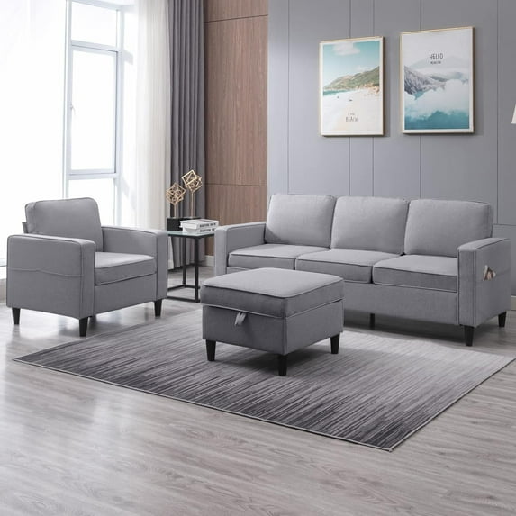 Ijuicy 2 Piece Linen Movable Storage Ottoman L Shaped Sectional Sofa Set Light Grey