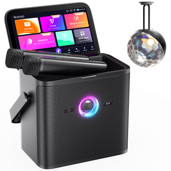 Ikarao Shell S3 PRO Karaoke Machine for Adults with 7" Screen, Rechargeable Disco Ball Light, 2 Wireless Mics, 80W Speaker, Autotune & Echo, HDMI