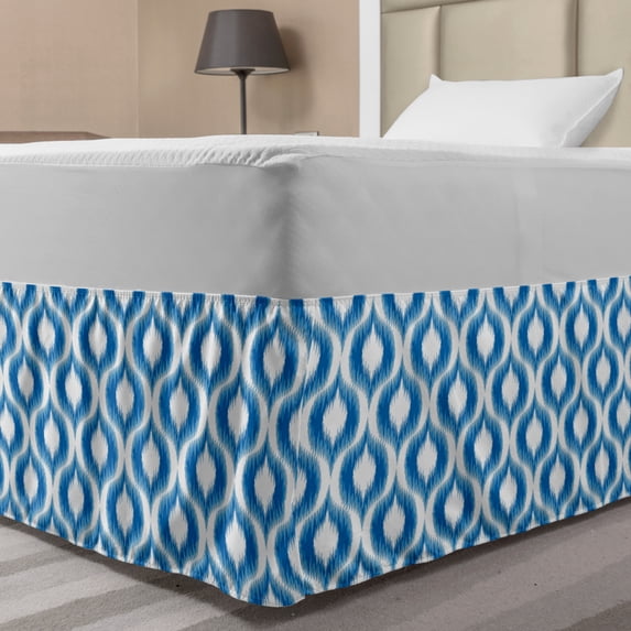 Ikat Bed Skirt, Ikat Damask Linked Motifs Pattern Blurry over Finer Tied Warp and Weft Yarns Design, Elastic Bedskirt Dust Ruffle Wrap Around for Bedding Decor, 4 Sizes, Blue White, by Ambesonne