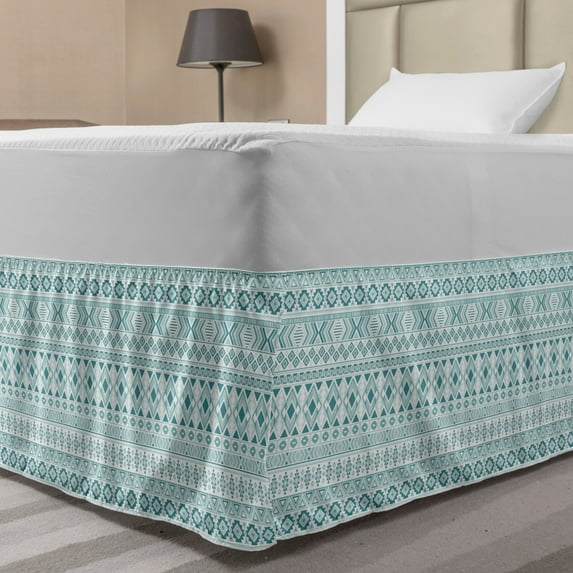 Ikat Bed Skirt, Inspired Horizontally Arranged Geometric Cold Toned Folkloric Forms, Elastic Bedskirt Dust Ruffle Wrap Around for Bedding Decor, 4 Sizes, Cadet Blue Seafoam and White, by Ambesonne