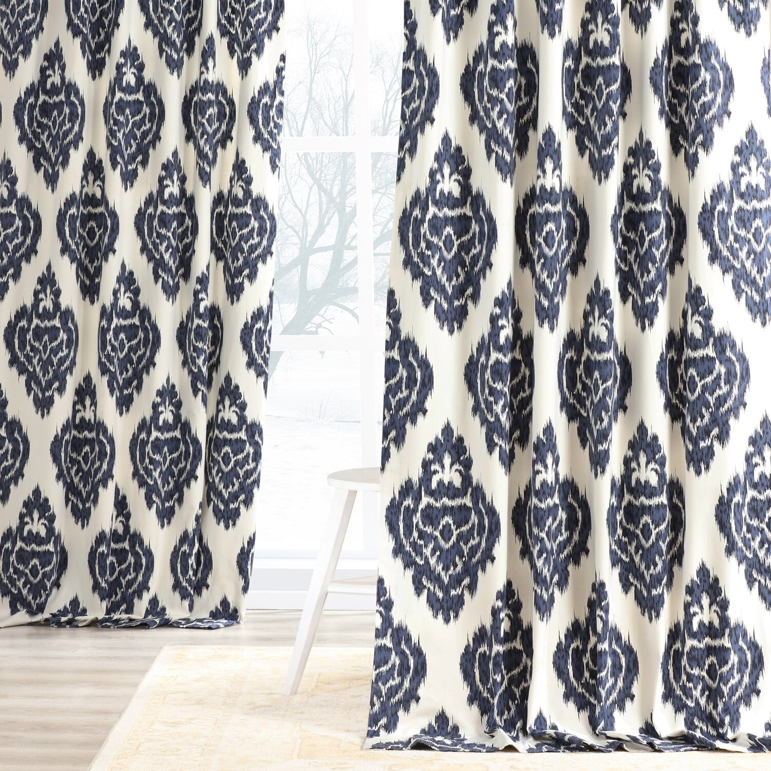 Half Price Drapes Ikat Blue Printed Cotton Curtain Panel, 50W x 84L