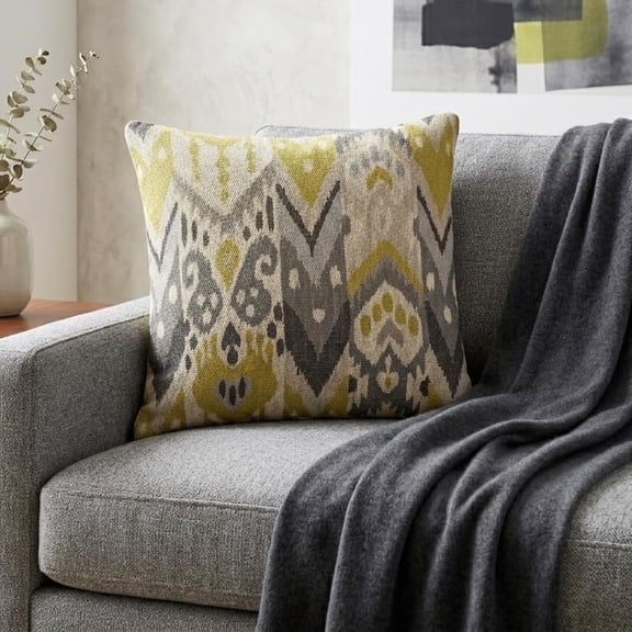 Ikat, Boho Chartreuse Luxury Throw Pillow Covers 18"x18" | Rustic Linen Cushion Cover Geoemtric | Rustic, Tribal Pillowcases for Couch, Sofa Bedroom & Living Room - Terrosa