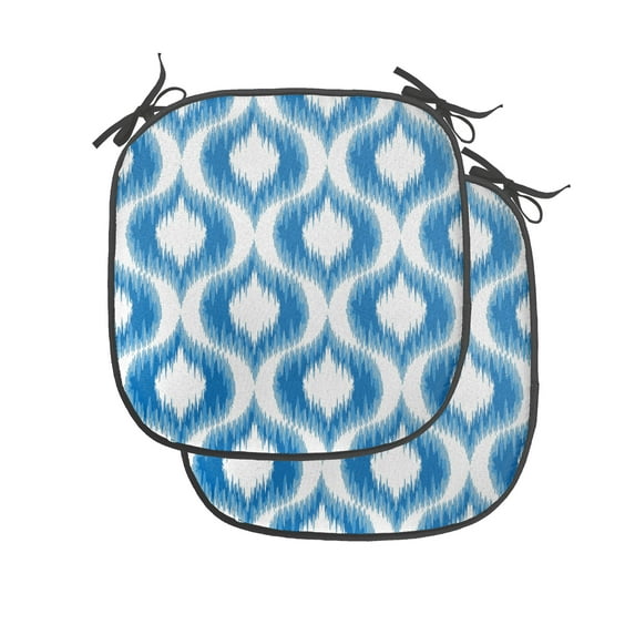 Ikat Chair Seating Cushion Set of 4, Ikat Damask Linked Motifs Pattern Blurry over Finer Tied Warp and Weft Yarns Design, Seat Pads for Office with Anti-slip Backing, 16"x16", Blue White, by Ambesonne