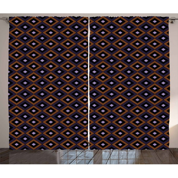 Ambesonne Ikat Curtains 2 Panel Set, Diamonds Hatch Lines, 108" x 96", Orange Purple Black