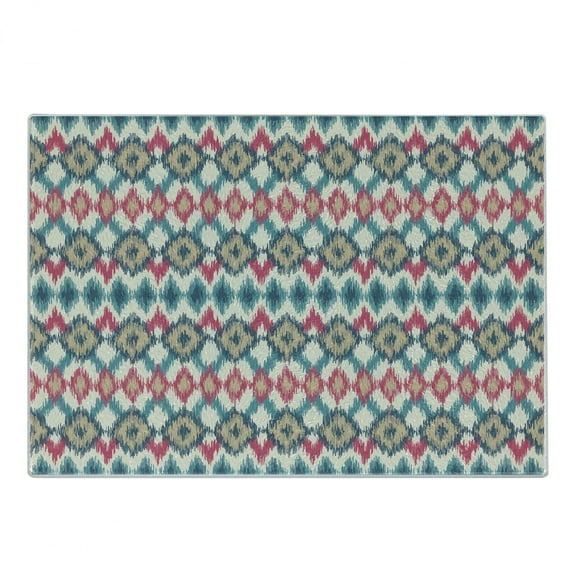 Ikat Cutting Board, Style Tied Knotted Triangle Handmade Effect Traditional Boho Design, Decorative Tempered Glass Cutting and Serving Board, Small Size, Cream Red Teal, by Ambesonne