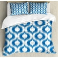 thumbnail image 1 of Ikat Duvet Cover Set, Ikat Damask Linked Motifs Pattern Blurry over Finer Tied Warp and Weft Yarns Design, Decorative 3 Piece Bedding Set with 2 Pillow Shams, Calking Size, Blue White, by Ambesonne, 1 of 3