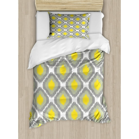 Ikat Duvet Cover Set, Repeating Ikat Shapes Tied into Bundles Old Form of Textile Historical Tribal, Decorative 2 Piece Bedding Set with 1 Pillow Shams, Twin Size, Grey White Yellow, by Ambesonne