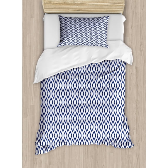 Ikat Duvet Cover Set Twin Size, Eastern Ornament in Blue Exotic Asian Tribal Art Elements Curves Simple Design, Decorative 2 Piece Bedding Set with 1 Pillow Sham, Navy Blue White, by Ambesonne