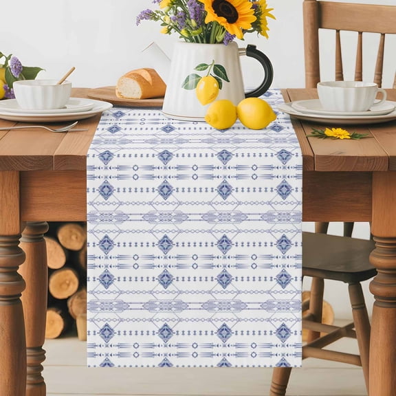Ikat Ethnic Seamless Table Runner 72 Inches Long, Indian Tribal Texture on White Table Runners Tabletop Scarf Kitchen Dining Tables Decoration for Home Party Indoor Outdoor