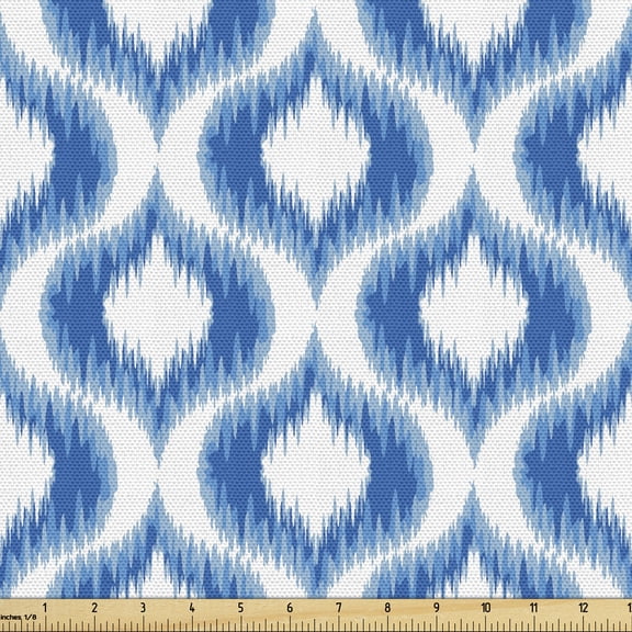 Ambesonne Ikat Fabric by the Yard Upholstery, Abstract Vintage Ogee, 1 Yard, Blue White